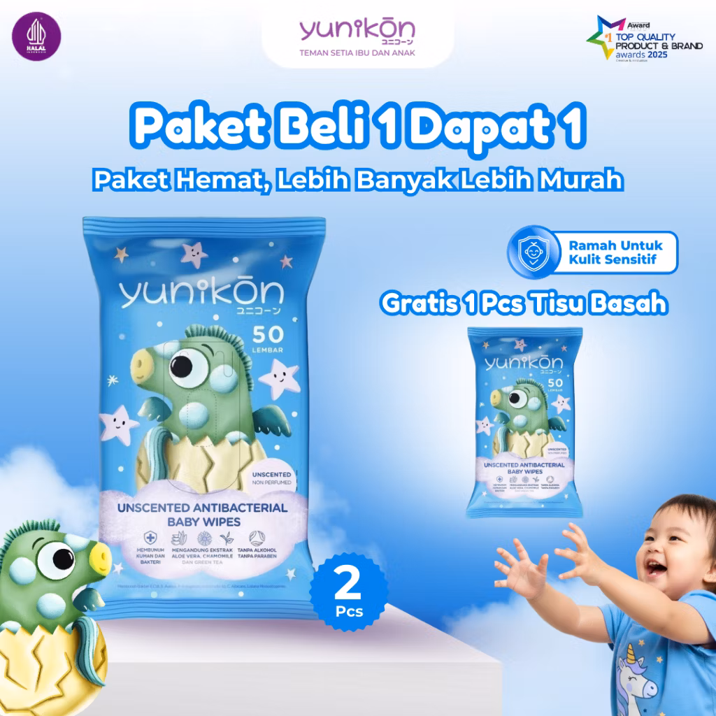 Yunikon 50 Lembar Unscented Antibacterial Baby Wipes
